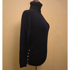 Michael Kors Womens Large Black Long Sleeve Turtleneck Sweater Gold Buttons Long